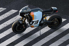 Super73 C1X Le Pew café racer wygląda świetnie dzięki kolorystyce retro-racer i niskiej, agresywnej pozycji jazdy. (Źródło zdjęcia: Super73)