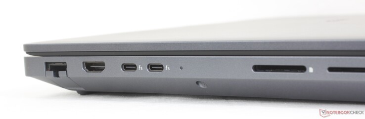 Po lewej: RJ-45 (2,5 Gb/s), HDMI 2.1, 2x USB-C Thunderbolt 5 (80 Gb/s) z DisplayPort 1.4 + Power Delivery, czytnik kart SD, czytnik Smart Card (opcjonalnie)