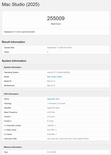Wynik procesora graficznego Apple M3 Ultra w teście Geekbench