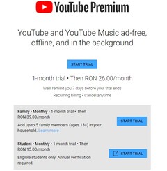 Google YouTube Premium Family wciąż tkwi w Rumunii na poziomie mniej więcej 8 USD (Źródło: własne)
