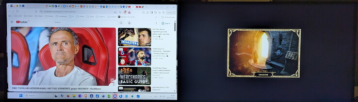 Obraz po obrazie: serwis YouTube wyświetlany na mini komputerze po lewej stronie oraz gra Diablo 2 na laptopie do gier po prawej stronie na tym samym monitorze