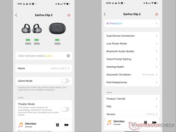 Aplikacja EarFun Audio pokazuje stronę główną i ustawienia Clip 2.