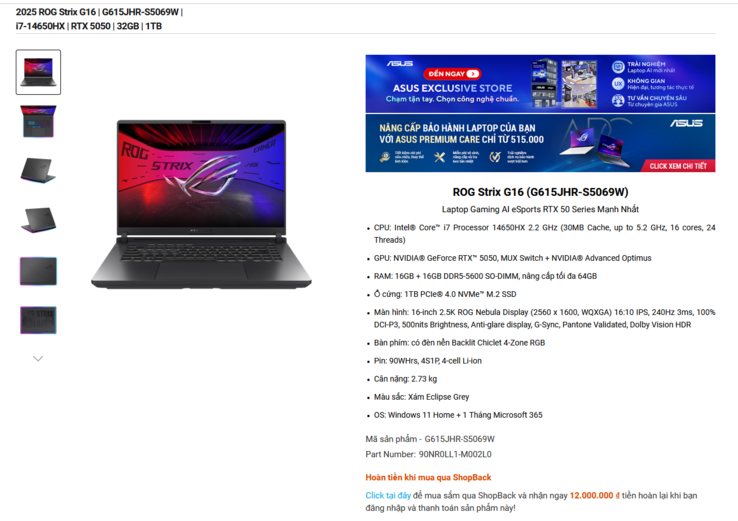 Specyfikacja wariantu Asus ROG Strix G16 RTX 5050 (źródło obrazu: Asus)