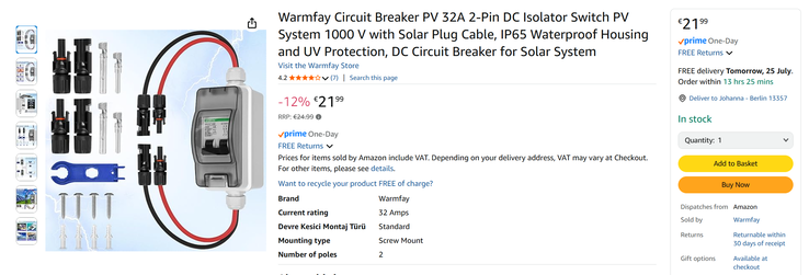 Skrzynka bezpieczników PV jest wymagana, ale nie jest dołączona i należy ją zakupić osobno. (źródło zdjęcia: Zrzut ekranu Amazon)