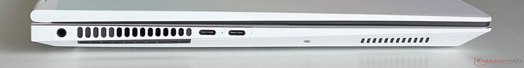 Po lewej: audio 3,5 mm, USB-C 3.2 Gen.2 (10 GBit/s, tryb DisplayPort ALT, Power Delivery), USB-C 4.0 z Thunderbolt 4 (40 Gbit/s, tryb DisplayPort ALT, Power Delivery)