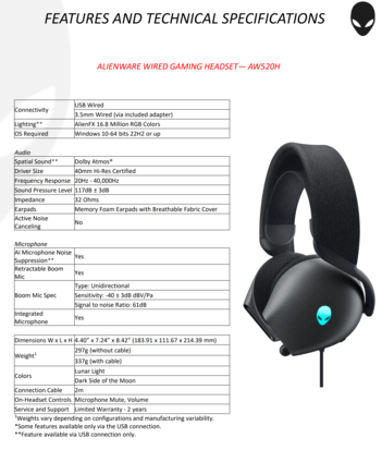 Alienware AW520H - specyfikacja. (Źródło obrazu: Dell)