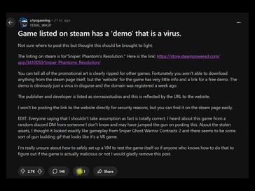Zainfekowane demo Steam na Reddicie (źródło obrazu: zrzut ekranu, subreddit PC Gaming)