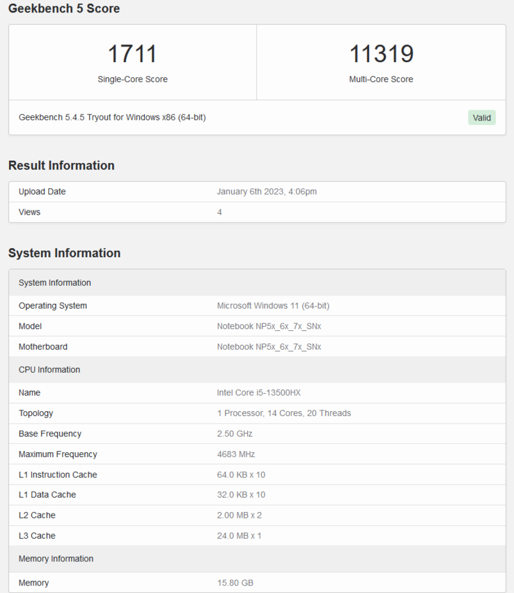 Intel Core i5-13500HX w zestawieniu Geekbench (zdjęcie via Geekbench)