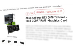 Karta graficzna Nvidia GrForce RTX 5070 Ti zostanie rzekomo wprowadzona na rynek 20 lutego. (Źródło obrazu: Proshop)