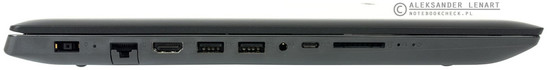 lewy bok: gniazdo zasilania, LAN, HDMI, dwa USB 3.0, gniazdo audio, USB 3.1 typu C, czytnik kart pamięci