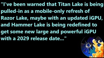 Wyciek Intel Titan Lake i Intel Hammer Lake. (Źródło obrazu: Moore's Law Is Dead na YouTube)