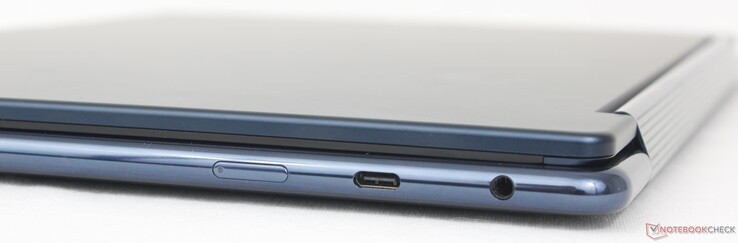 Po prawej stronie: Przycisk zasilania, USB-C 3.2 Gen. 2 (10 Gb/s) z DisplayPort 1.4 + Power Delivery 3.0, zestaw słuchawkowy 3,5 mm