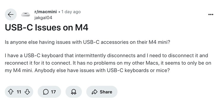 Problemy z połączeniem USB-C dotyczące Mac mini wciąż pojawiają się na forach. (Źródło obrazu: Reddit)