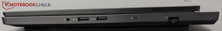 Po prawej: gniazdo słuchawkowe, 2x USB-A (5 Gb/s), migawka kamery internetowej, LAN