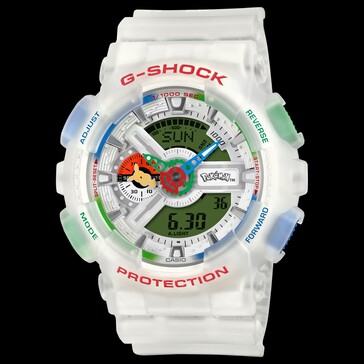 Widok z przodu zegarka Casio G-Shock Pokémon 30th Anniversary GA-110PKM-7A na czarnym tle.