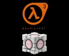 Kostka Companion Cube firmy Dbrand z obciążeniem, widoczna poniżej logo Half-Life 3