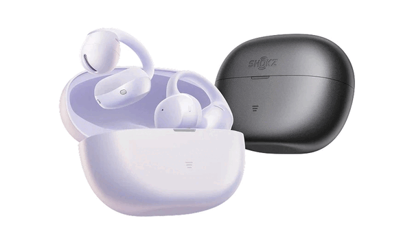 Słuchawki douszne Shokz OpenDots Air są dostępne w kolorze fioletowym i czarnym.