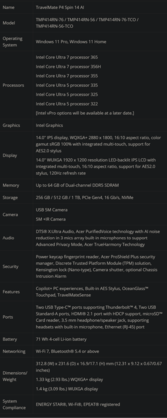 Specyfikacja TravelMate P4 Spin 14 AI