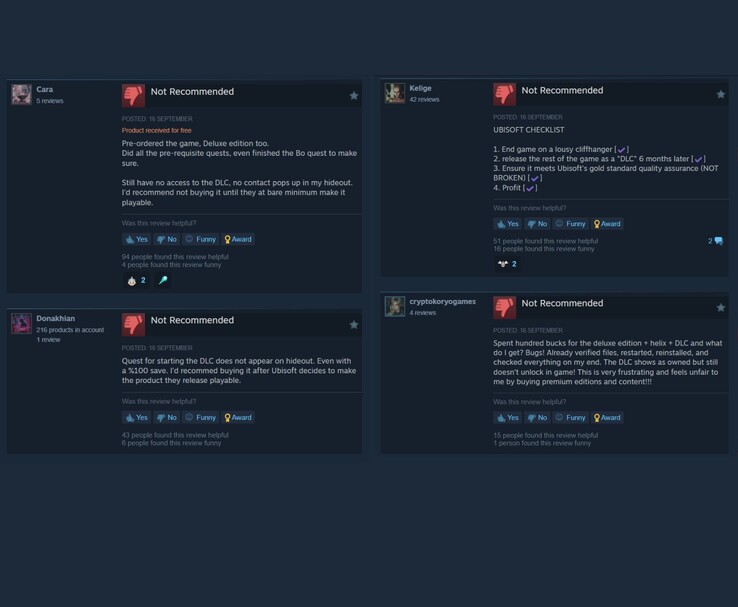 Opinie użytkowników Steam krytykujące DLC Ubisoft, w których wielu graczy oznaczyło zawartość jako niezalecaną (źródło obrazu: Steam)