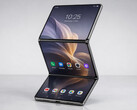 Jak mogłaby wyglądać trójdzielna składana komórka firmy Huawei z pionowym układem ekranu.