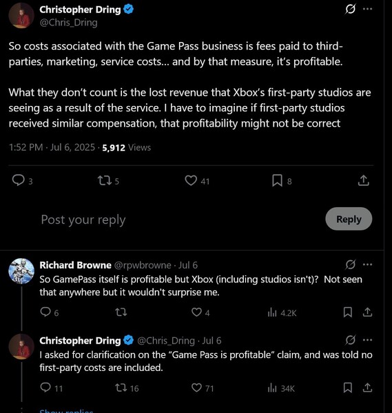 Post Christophera Dringa X na temat opłacalności Xbox Game Pass (źródło obrazu: zrzut ekranu, konto Christophera Dringa X)
