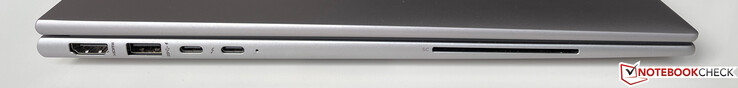 Po lewej: HDMI 2.0, USB-A 3.2 gen 1 (5 Gb/s, zasilany) 2x USB-C w/ Thunderbolt 4 (USB 4, 40 Gb/s, DisplayPort ALT mode 1.4, Power Delivery 3.0), czytnik kart inteligentnych (opcjonalnie)