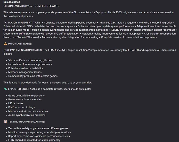 Informacje o nowej aktualizacji (źródło obrazu: Citron)