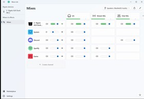 Źródła (sprzęt/oprogramowanie) po lewej, przypisane do miksów po prawej