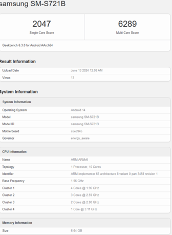 Samsung Galaxy S24 FE Wynik Geekbench (zdjęcie za pośrednictwem Geekbench)