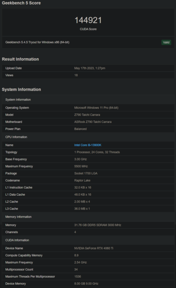 Nvidia GeForce RTX 4060 Ti Geekbench (zdjęcie za pośrednictwem Geekbench)