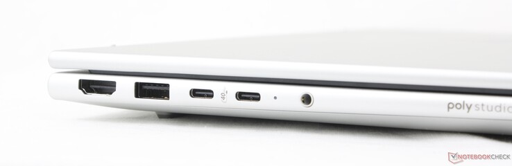 Po lewej: HDMI 2.1, USB-A (5 Gb/s), 2x USB-C 4.0 z DisplayPort 1.4 + Power Delivery (40 Gb/s)