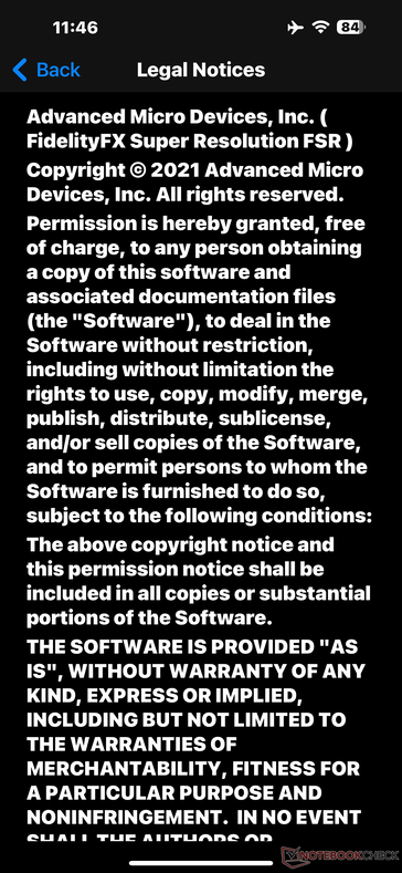 Apple potwierdza wykorzystanie technologii FSR firmy AMD w sekcji Legal &amp; Regulatory Notices swojego oprogramowania. (Zdjęcie: Notebookcheck)