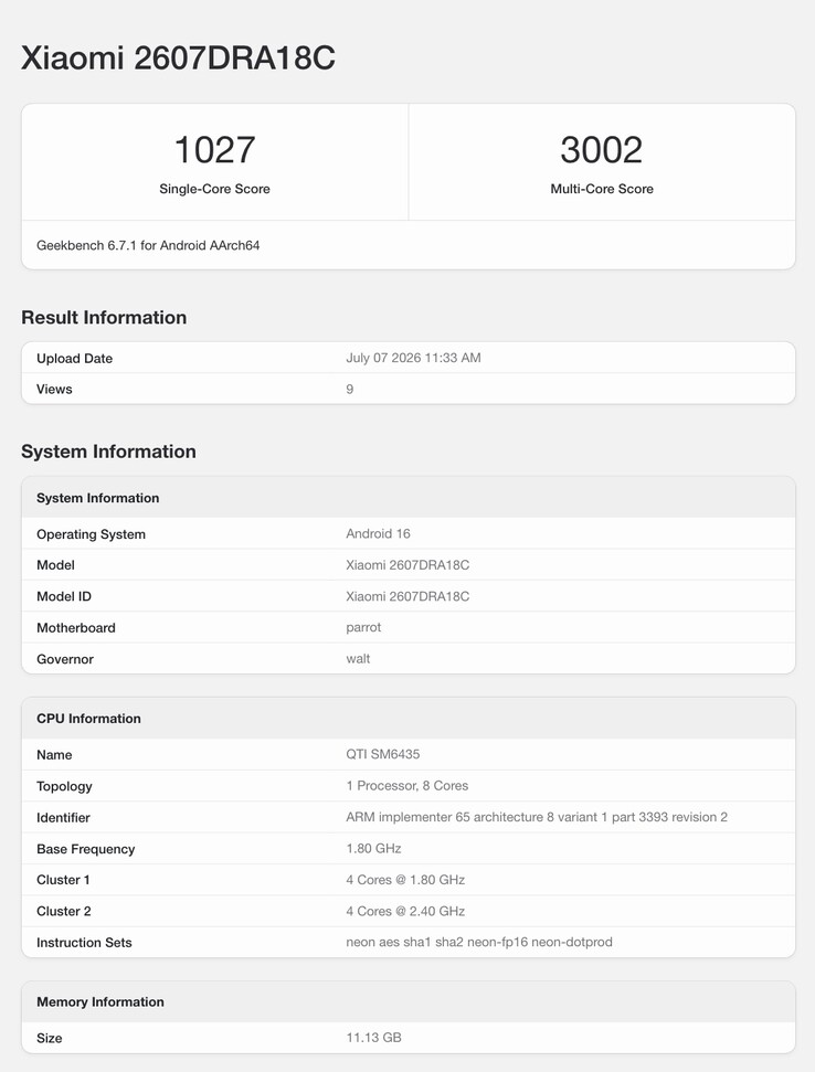 Wpis w serwisie Geekbench dotyczący nadchodzącego modelu telefonu Xiaomi.