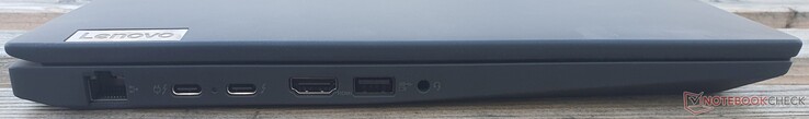 Złącza po lewej stronie: GBit LAN, 2x Thunderbolt 4, HDMI 2.0b, USB-A 3.2 Gen 1 (5 GBit/s), jack