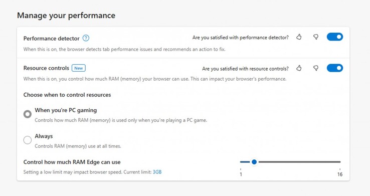 Ustawienia zasobów Microsoft Edge pozwalają użytkownikom ustawić stały limit pamięci RAM. (Źródło: Microsoft)