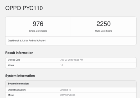 Wpis dotyczący modelu Oppo A7 Pro Max (PYC110) w bazie danych Geekbench 6.7.1