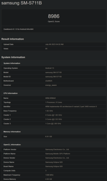 Samsung Galaxy S23 FE Geekbench listing (zdjęcie za pośrednictwem Geekbench)