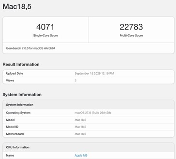 Wynik testu Geekbench 7 dla procesora Apple M6.