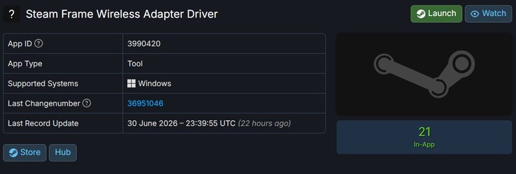 Sterownik bezprzewodowego adaptera Steam Frame wymieniony w serwisie SteamDB.