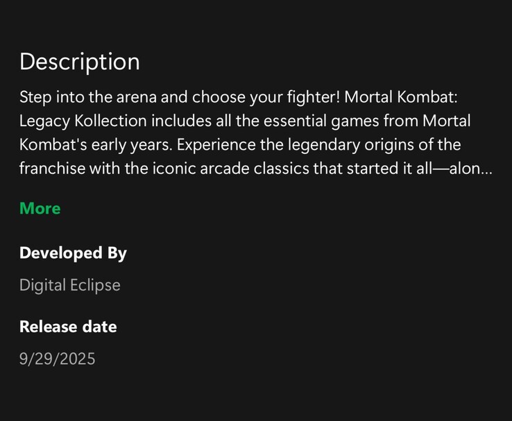 Wyciekła lista aplikacji Xbox dla Mortal Kombat: Legacy Kollection ujawnia premierę 29 września 2025 r. (źródło obrazu: u/ByrdofMemes via Imgur, pierwotnie udostępnione na Reddit)