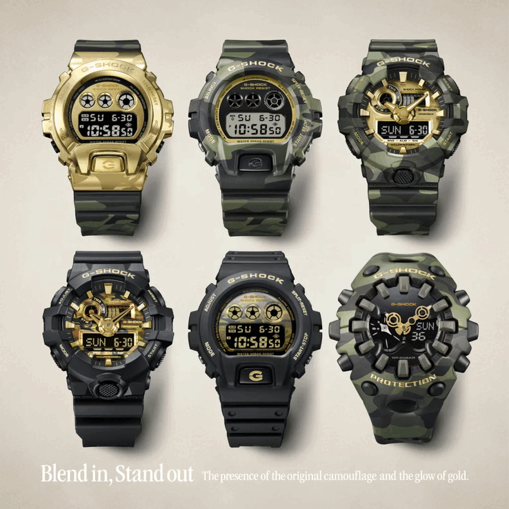 G-Shock GM-6900CMG-3, DW-6900CMG-3, GA-700CMG-3AJF, GA-700CF-1A, DW-6900CF-1 i GA-V01CMG-3A (nazwy zaczynają się od góry po lewej i idą w prawo)
