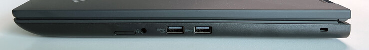 Po prawej stronie: Gniazdo karty SIM (opcjonalnie), gniazdo audio 3,5 mm, USB-A 3.2 Gen. 1 (5 GBit/s, zasilane), USB-A 3.2 Gen. 1 (5 GBit/s), gniazdo Kensington
