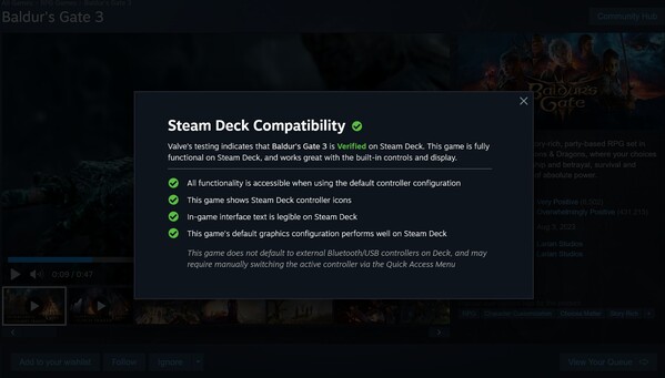 Baldur's Gate 3 Steam Deck zweryfikowany opis (źródło obrazu: zrzut ekranu, Steam)
