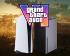 Logo gry GTA 6 widoczne nad konsolami PS5 i Xbox