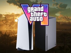 Logo gry GTA 6 widoczne nad konsolami PS5 i Xbox