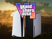 Logo gry GTA 6 widoczne nad konsolami PS5 i Xbox