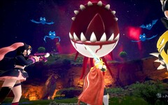 Zrzut ekranu Palworld przedstawiający postacie walczące z pływającą gałką oczną z ostrymi zębami