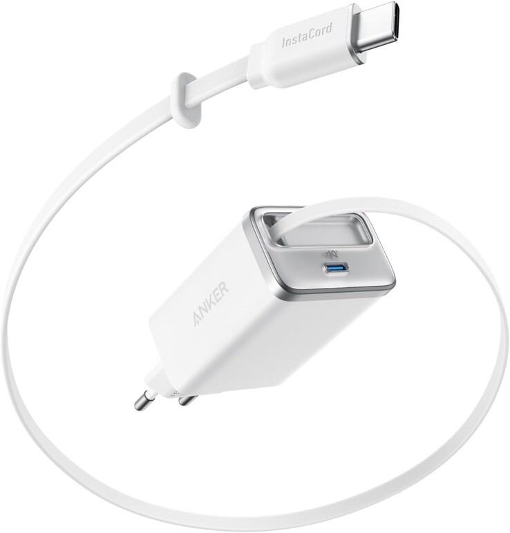 Ładowarka Anker Nano (35 W, wbudowany zwijany kabel USB-C) w kolorze białym. (Źródło zdjęcia: Anker)