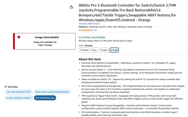 Kontroler Bluetooth 8BitDo Pro 3 będzie dostępny w kolorze pomarańczowym, zgodnie z tą ofertą Amazon. (Źródło obrazu: Amazon)