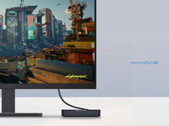 Mind Pro posiada również wbudowaną baterię. Na zdjęciu: ujęcie promocyjne przedstawiające mini PC z uruchomioną grą Cyberpunk 2077. (Źródło zdjęcia: Khadas)